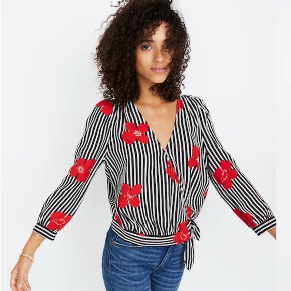 ❤️🌹 Madewell Striped Floral Tie-Front Blouse – Medium 🌹❤️ - Picture 4 of 9